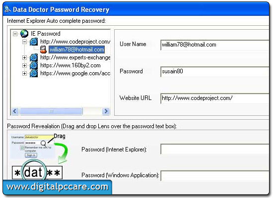 Internet Explorer Password Recovery and Passwords Unmask Tool Screenshot